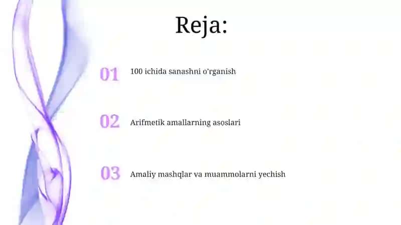 100 ichida raqamlash va arifmetik amallarni o‘rganish 2