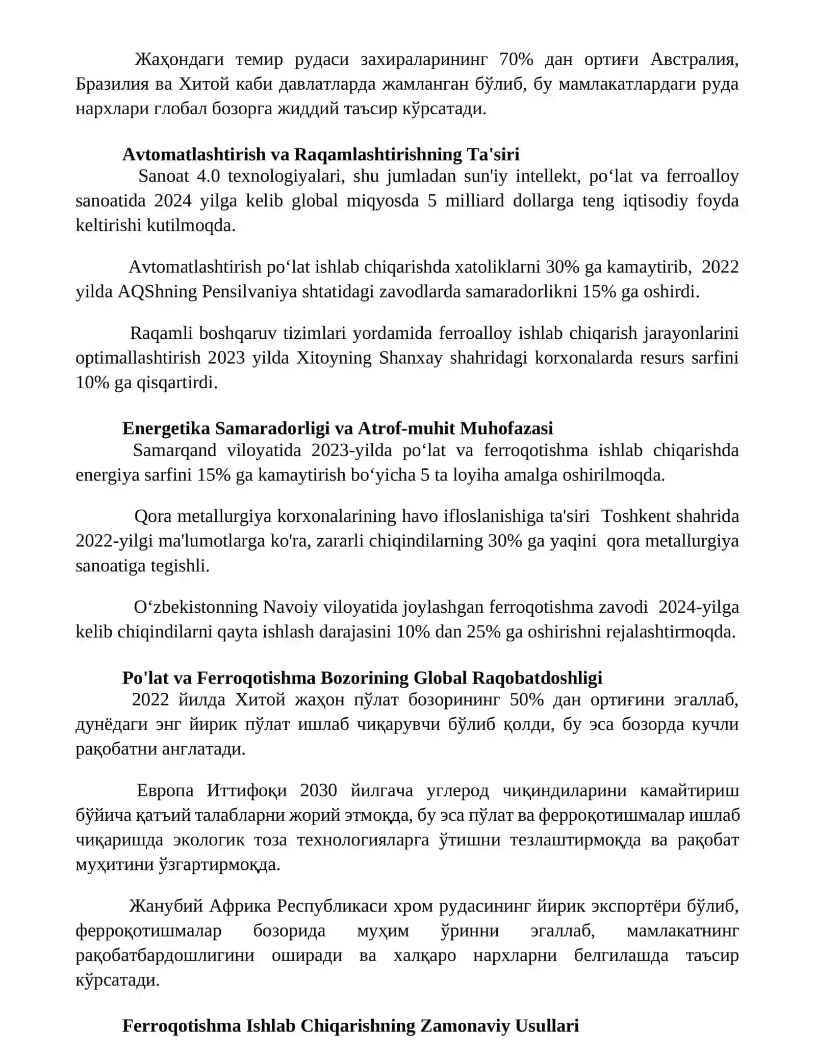 Polat va Ferroqotiқ Ishlab Chiqarishning Holati va Rivоjlaniш Tendentsiyalari 2