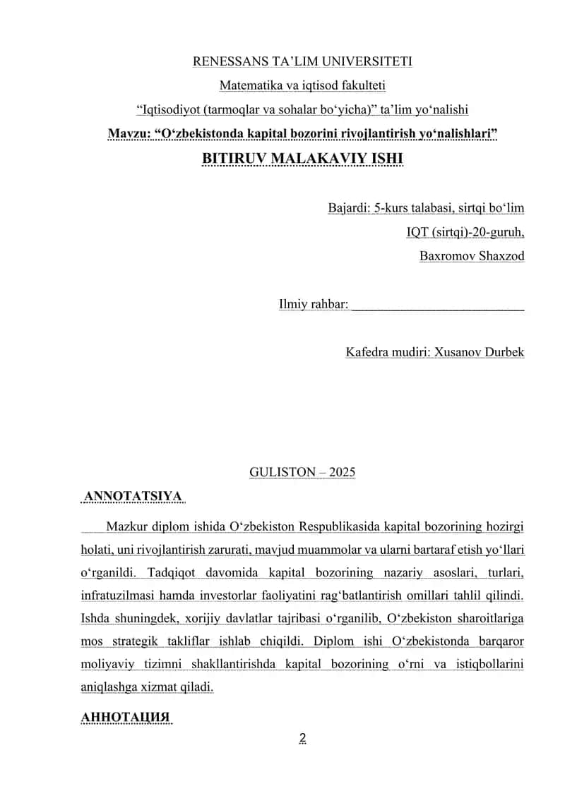O'zbekistonda kapital bozorini rivojlantirish yo'nalishlari 2