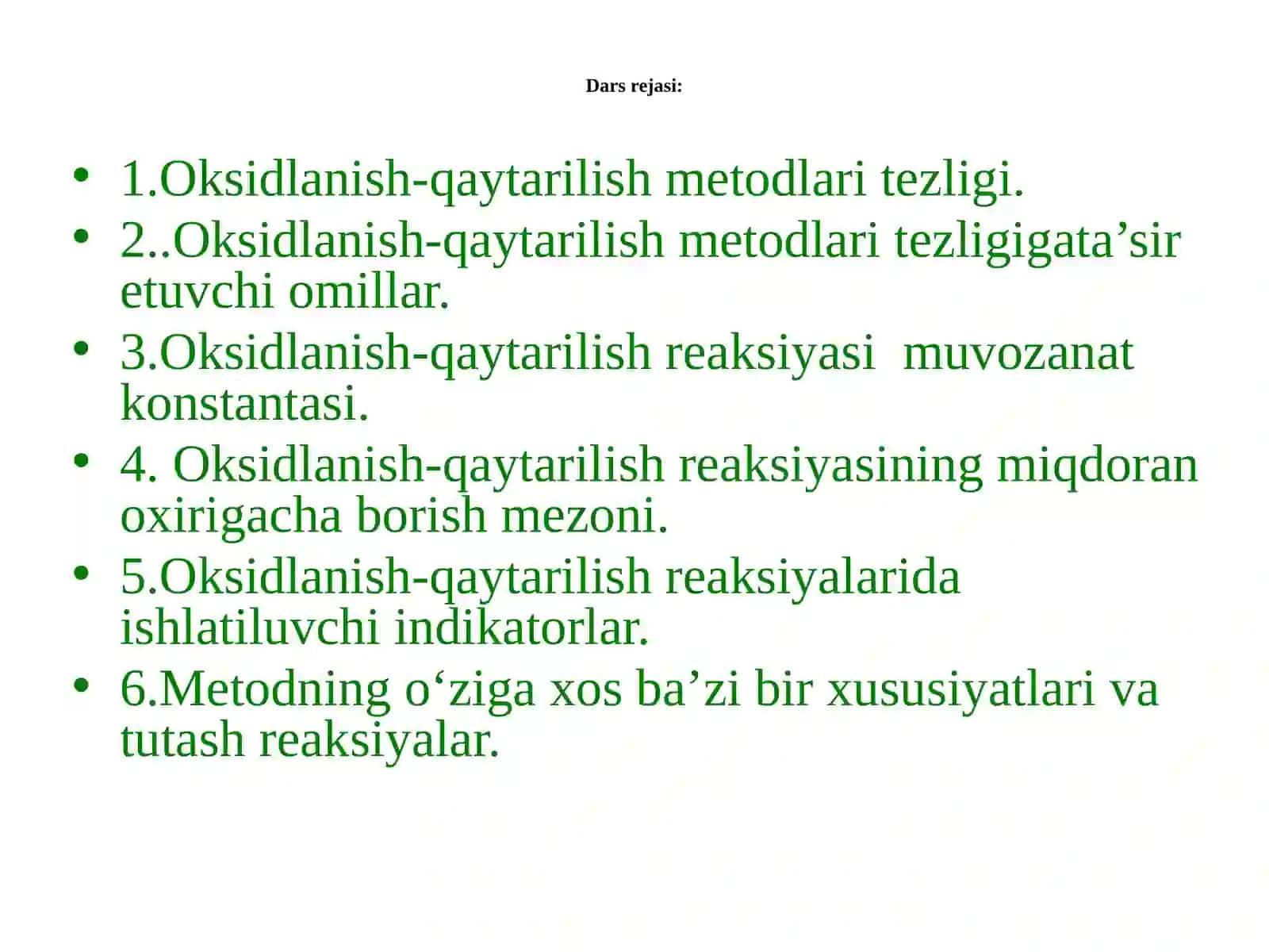 OKSIDLANISH-QAYTARILISH, CHO’KTIRISH  VA KOMPLEKS HOSIL QILISH REAKSIYALARI ASOSIDA TITRLASH 2