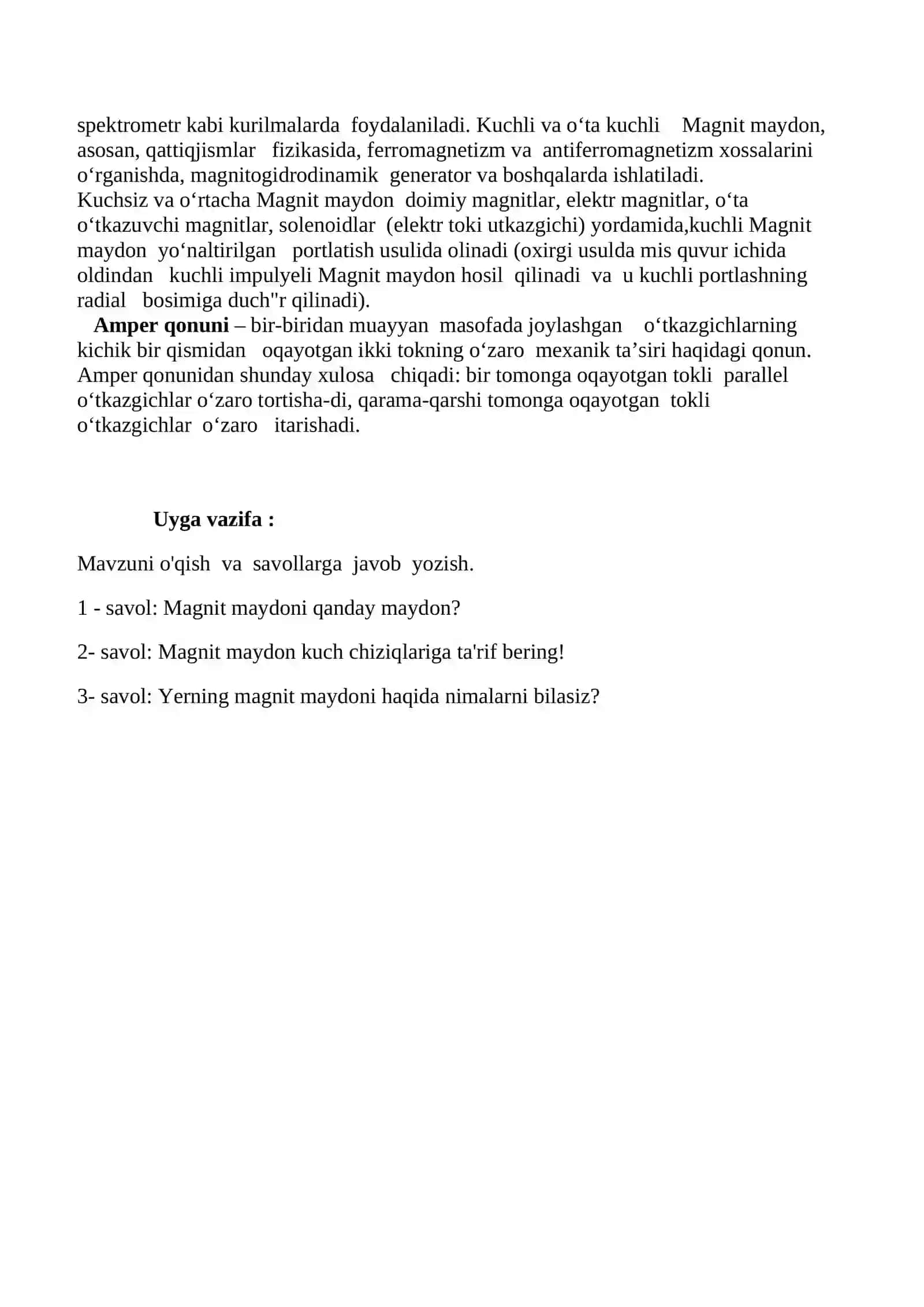 Magnit maydoni. Tokning magnit maydoni.Amper qonuni 2