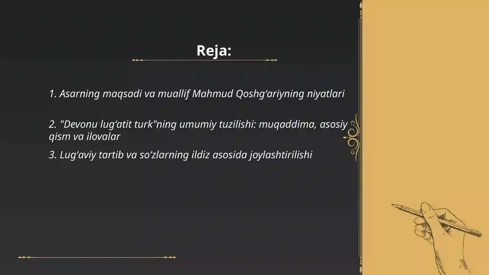 Mahmud Qoshgʻariyning ʼʼDevonu lagʻatit turkʼʼ asarining mazmuni, tuzilishi va unda ilgari surilgan gʻoyalar 2