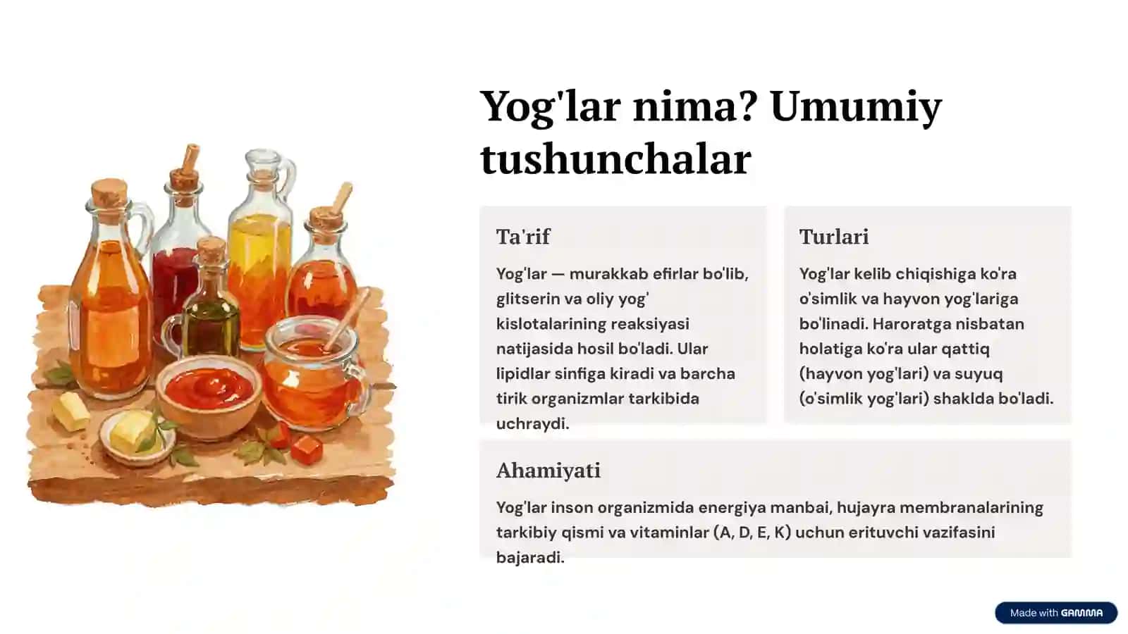 Yog'lar: Olinishi va Xossalari 2