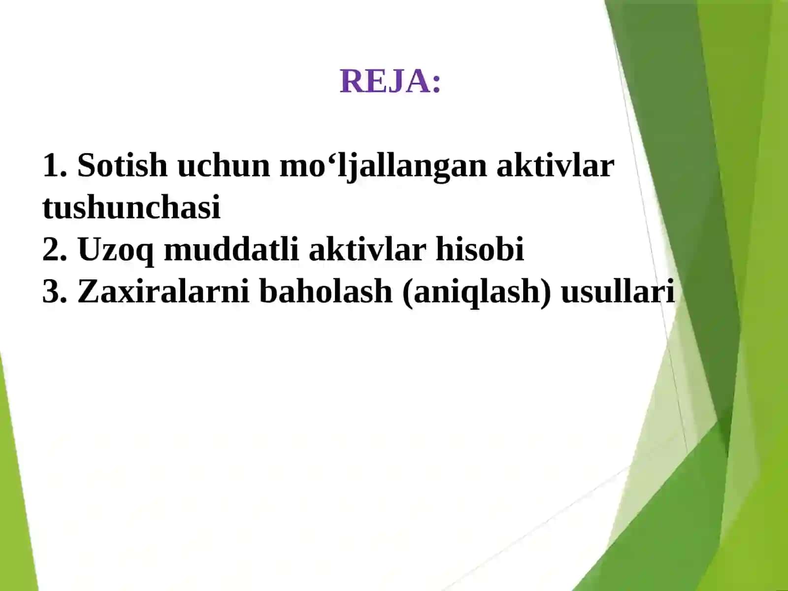 Sotish uchun mo‘ljallangan uzoq muddatli aktivlar. Tovar-moddiy zaxiralarni hisobga olish 2