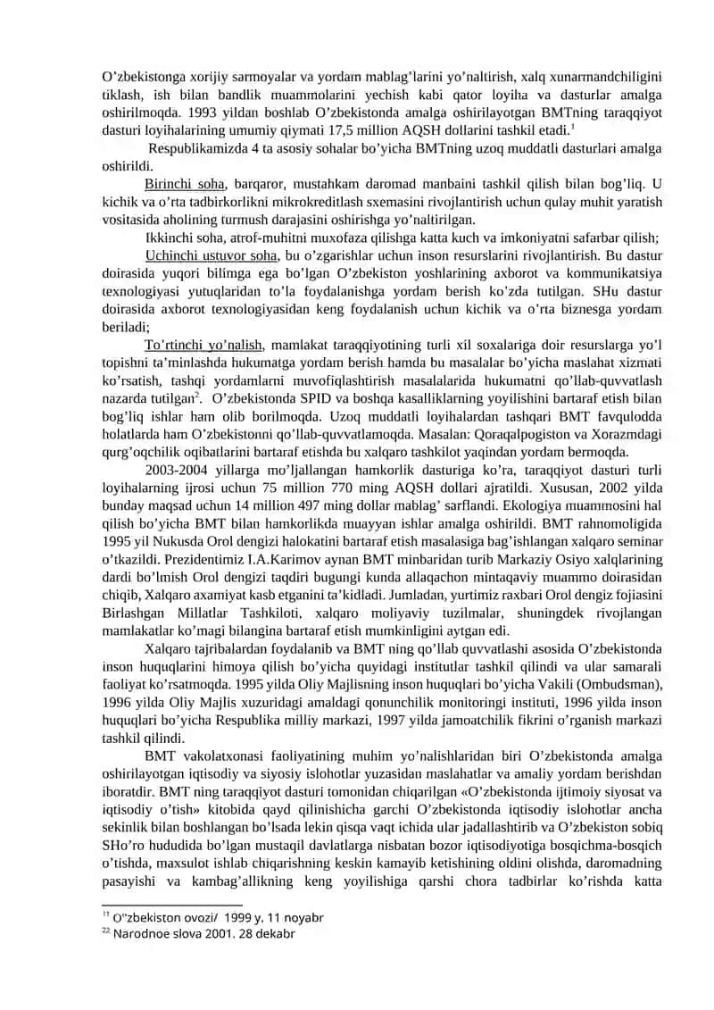 O’zbekistonning BMT bilan hamkorlik aloqalarini rivojlanishi va asosiy yo’nalishlari 2