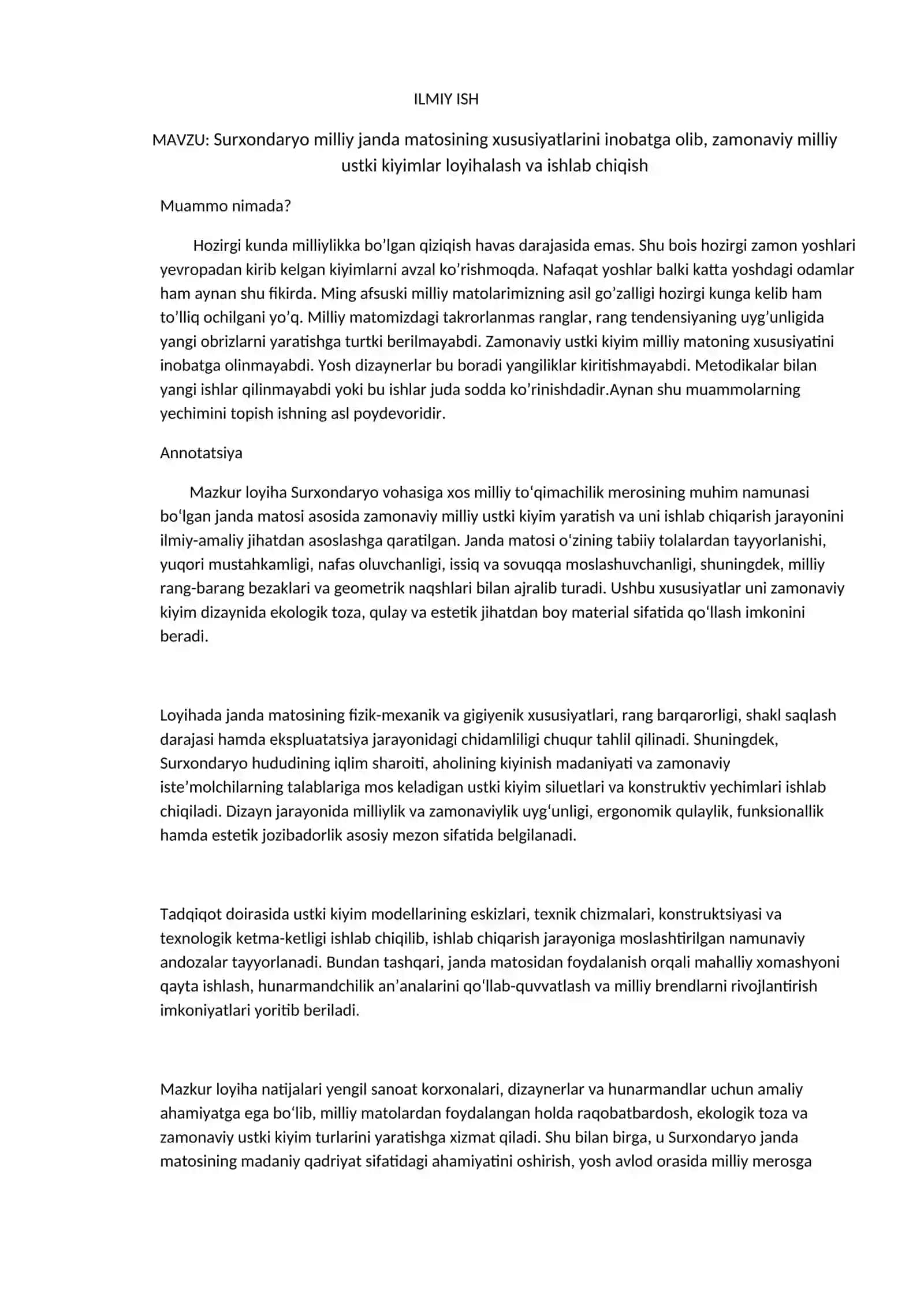 Surxondaryo milliy janda matosining xususiyatlarini inobatga olib, zamonaviy milliy ustki kiyimlar loyihalash va ishlab chiqish 2