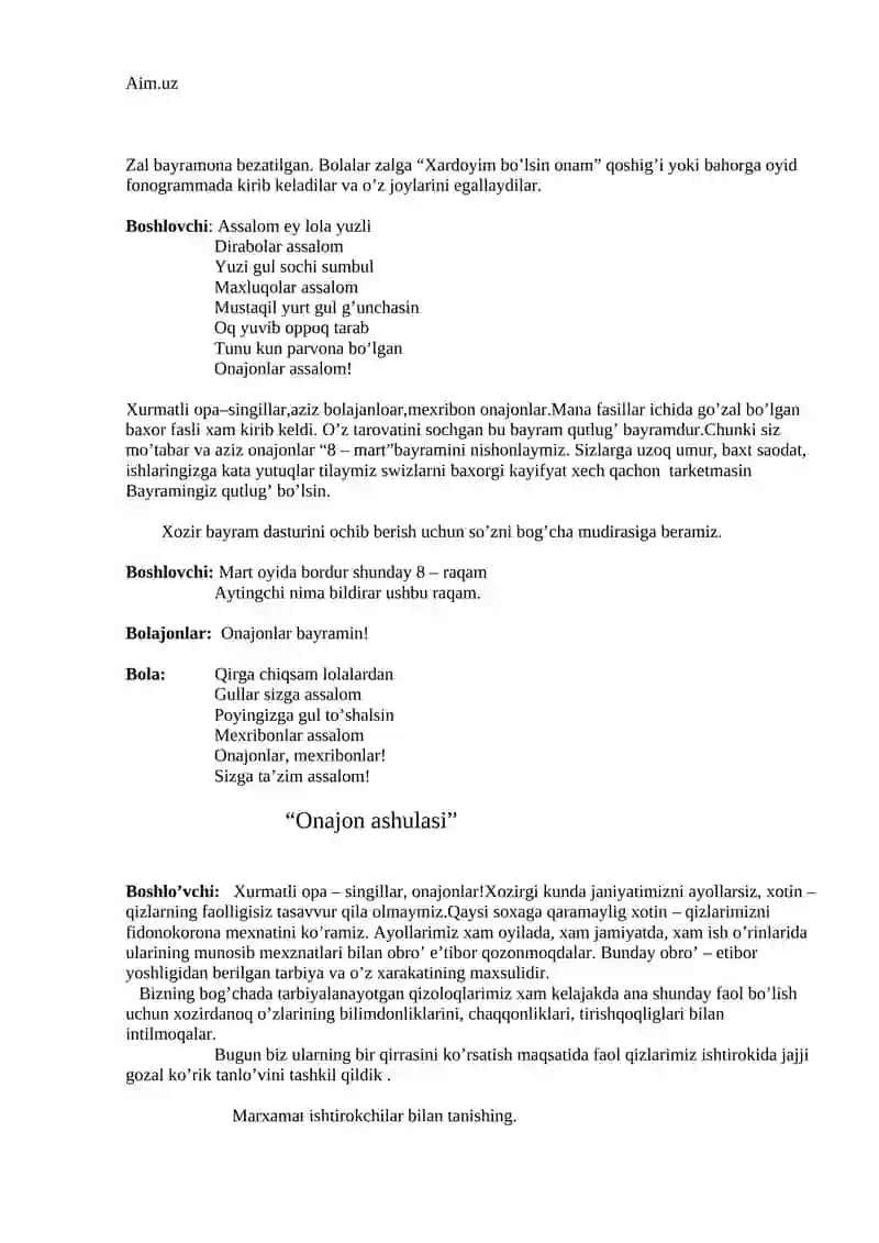 8 – MART Onajonlar bayrami ertaligi 2