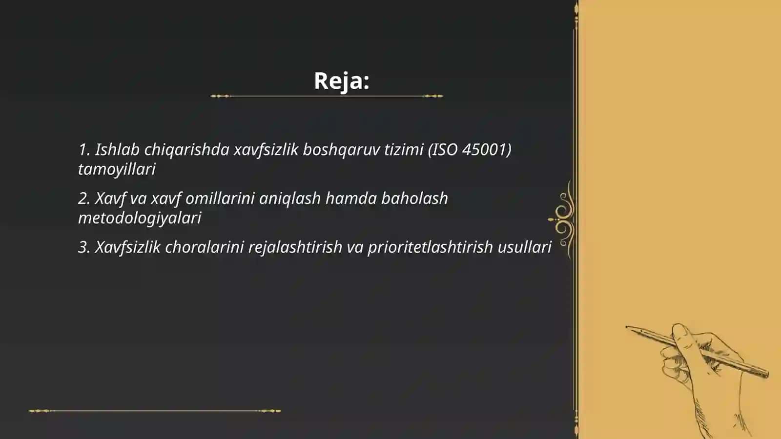 Ishlab chiqarishda faoliyat xavfsizligini boshqarish tizimi, xavfsizlikni ta’minlashga oid tadbirlarini rejalashtirish, mablag‘ bilan ta’minlash 2