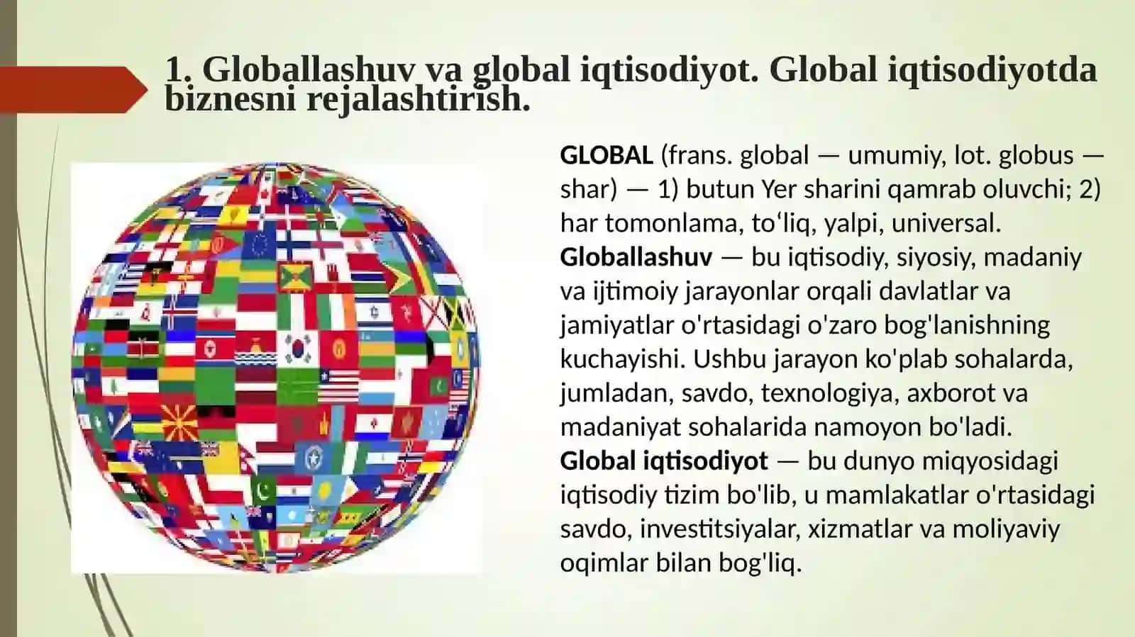Global iqtisodiyotda biznesni rejalashtirish. Biznesni tashkillashtirish 2