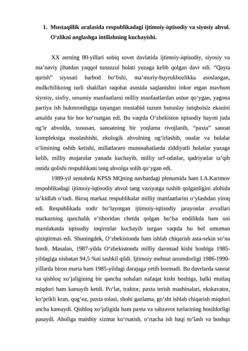 O’zbekiston Respublikasining Davlat mustaqilligini e’lon qilinishi va ijtimoiy-siyosiy jarayonlar 2