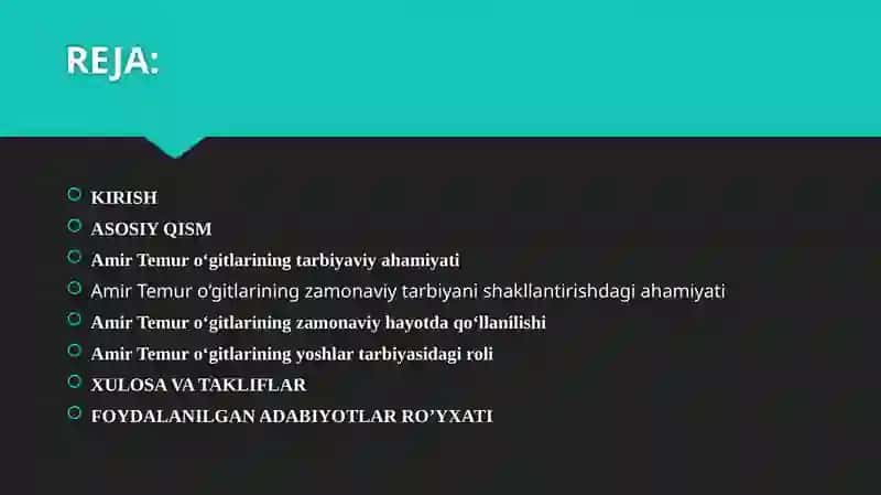 Amir Temur o'gitlarining tarbiyaviy ahamiyati. 2