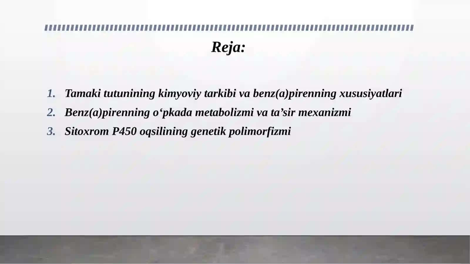 Tamakidagi benz(a)pirenni o'pkada neoplastik jarayonlar O'sma hujayralarining kimyoviy dori vositalariga multirezistenligi. Sitoxrom p 450 oqsil polimorfozmi va kimyoviy kanserogenez 2