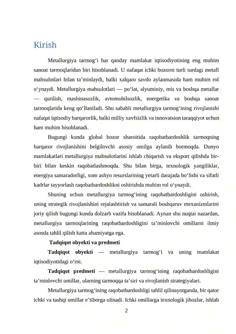 METALLURGIYA TARMOQLARINING RAQOBATBARDOSHLIGINI TA’MINLASH OMILLARI 2