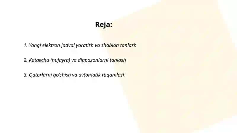 Elektron jadval yaratish. Qatorlar va ustunlarni boshqarish 2