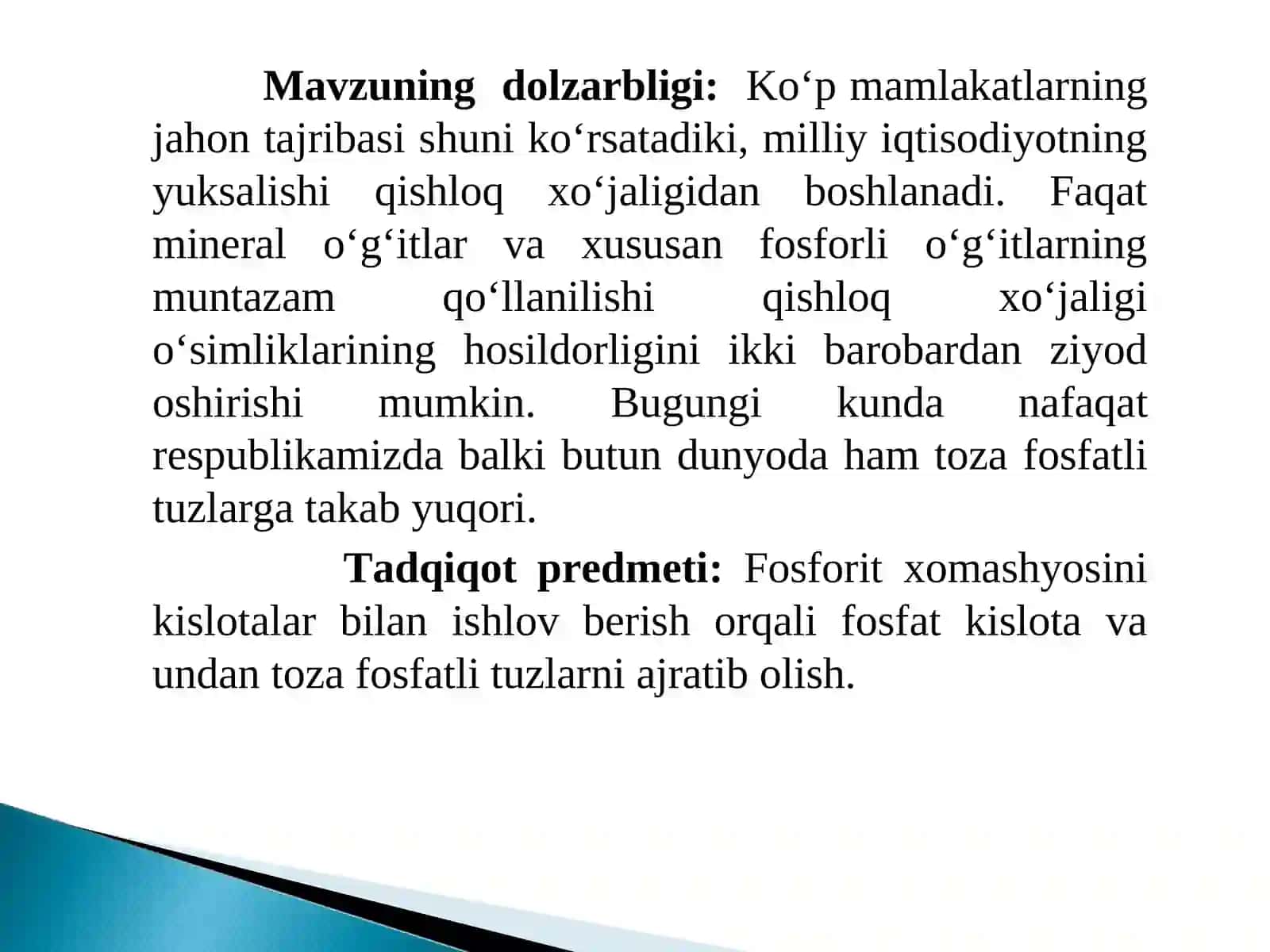 PAST NAVLI FOSFORITLARDAN TOZA FOSFATLI TUZLAR OLISH JARAYONINI O’RGANISH 2