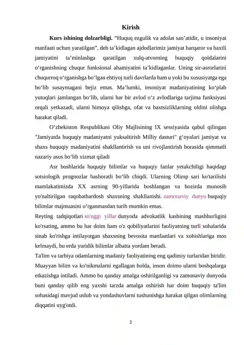 Huquq darslari klassifikatsiyasi. Huquq darslarida o`quvchilarning bilim va ko`nikmalarini tekshirish va baholash 2