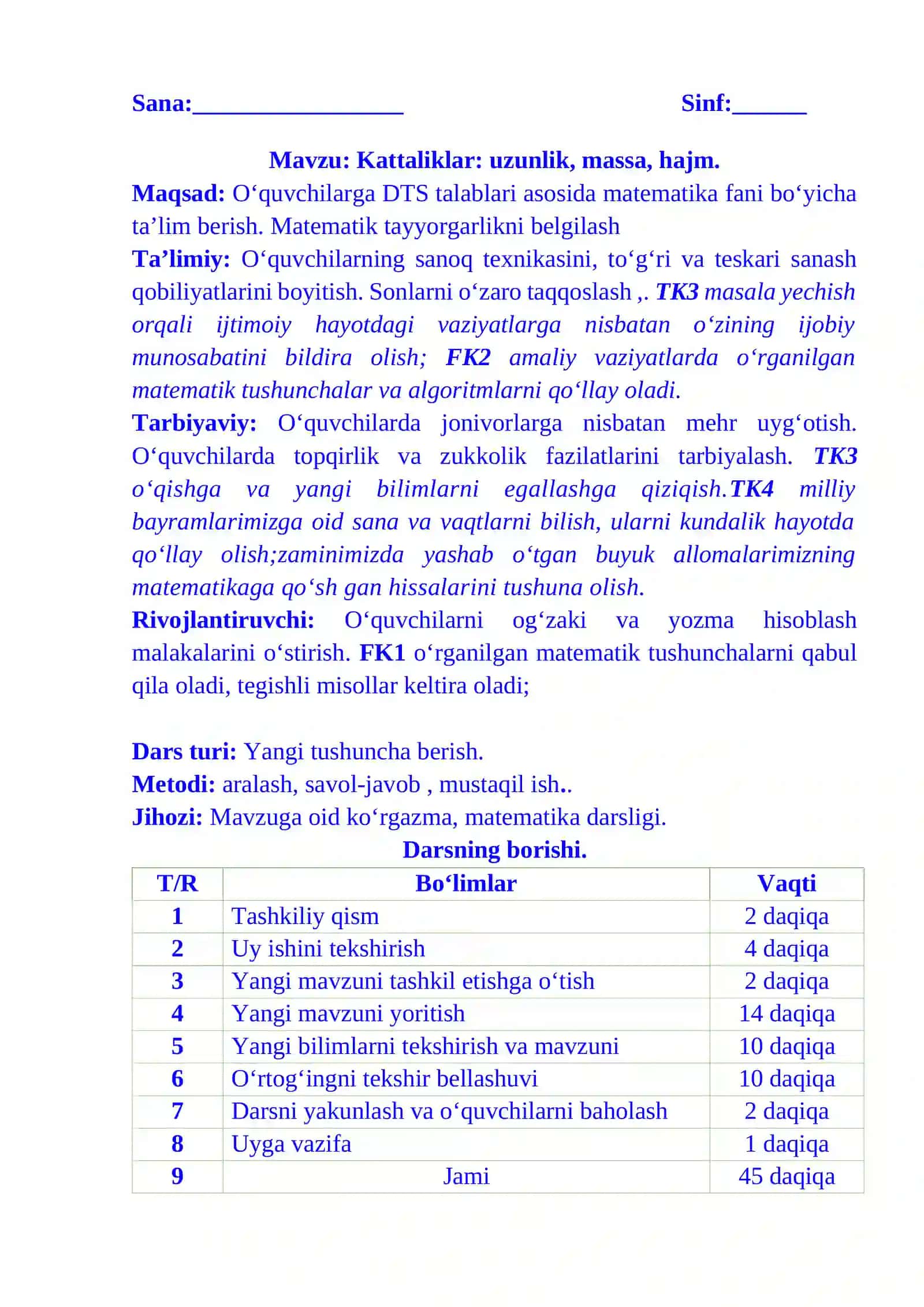 1-sinf matematika fanidan kattaliklar, uzunlik, massa, hajm mavzusi 3-chorak dars ishlanmasi 2