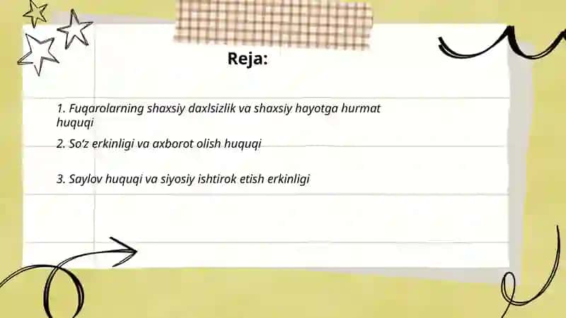Fuqarolarning shaxsiy, siyosiy, iqtisodiy, ijtimoiy, madaniy, ekologik huquqlar 2