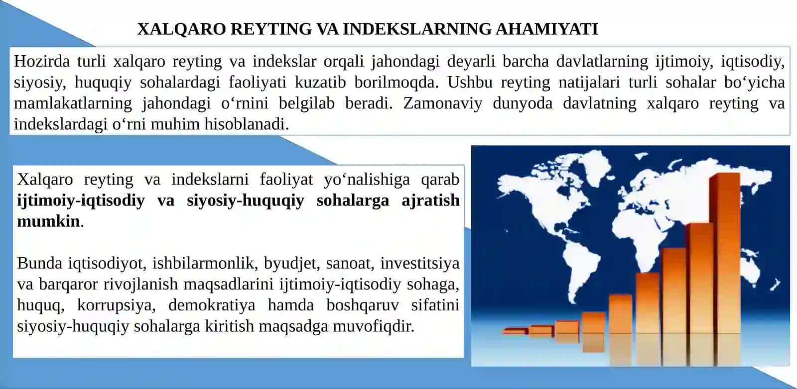 O‘ZBEKISTON RESPUBLIKASINING XALQARO REYTING VA INDEKSLARDAGI O‘RNI VA NUFUZINI ORTIB BORISHI 2