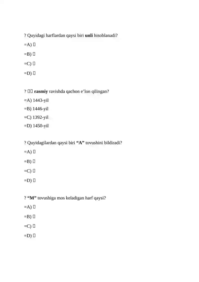 Koreys alifbosini o'rganish test savollari 2