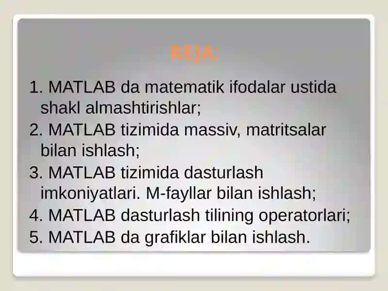 MATLAB dasturidan muhandislik masalalarida foydalanish 2