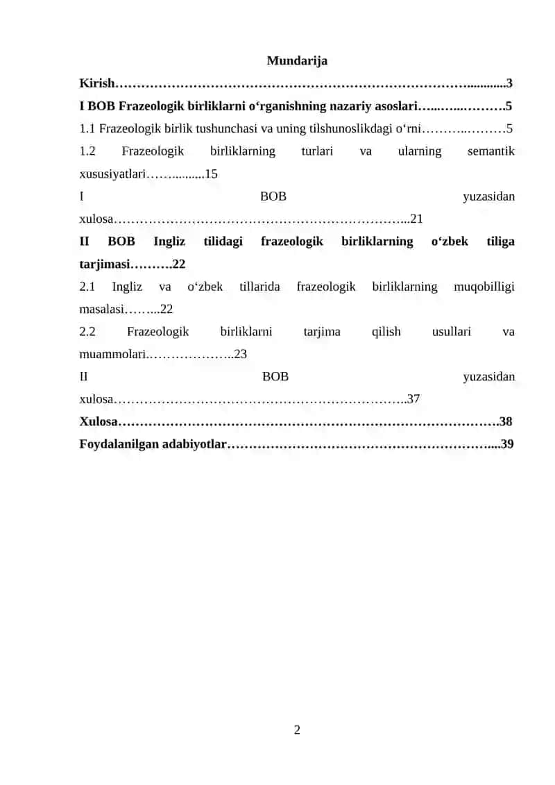 Ingliz tilidagi frazeologik birliklarning oʻzbek tilidagi tarjimasi 2