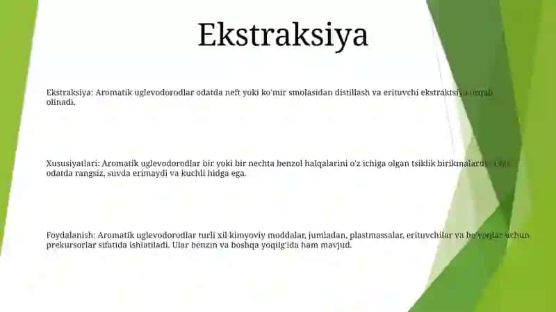 Aromatik Uglevodorodlar Olinishi,Tuzilishi, Fizik Kimyoviy Xossalari, Ishlatilishi 2