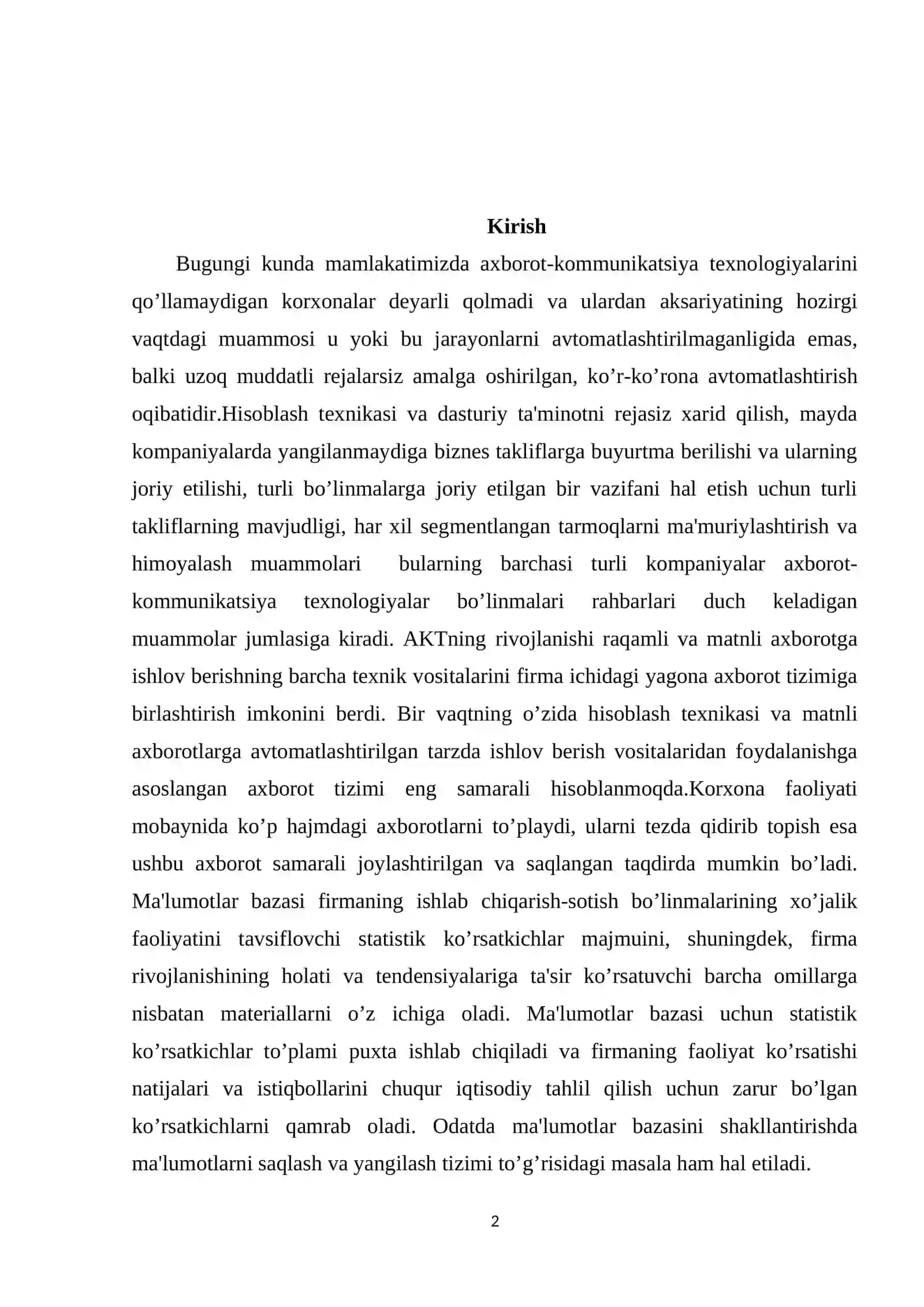 MA’LUMOTLAR BAZASI TEXNOLOGOYALARI FANIDAN KURS ISHI 2