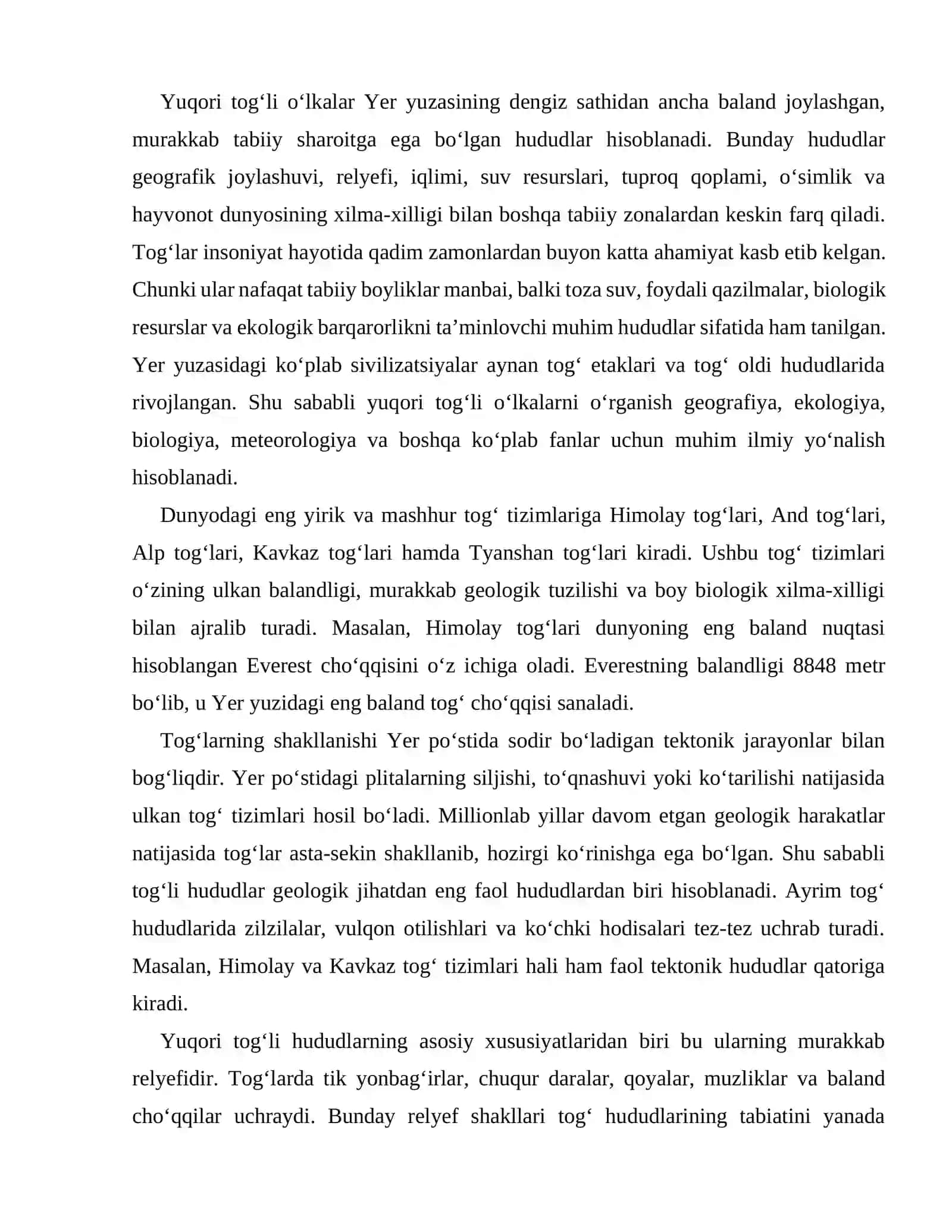 Yuqori tog‘li o‘lkalar va ularning tiriklik tamoyillarini vertikal tarqalish qonuniyatlari 2