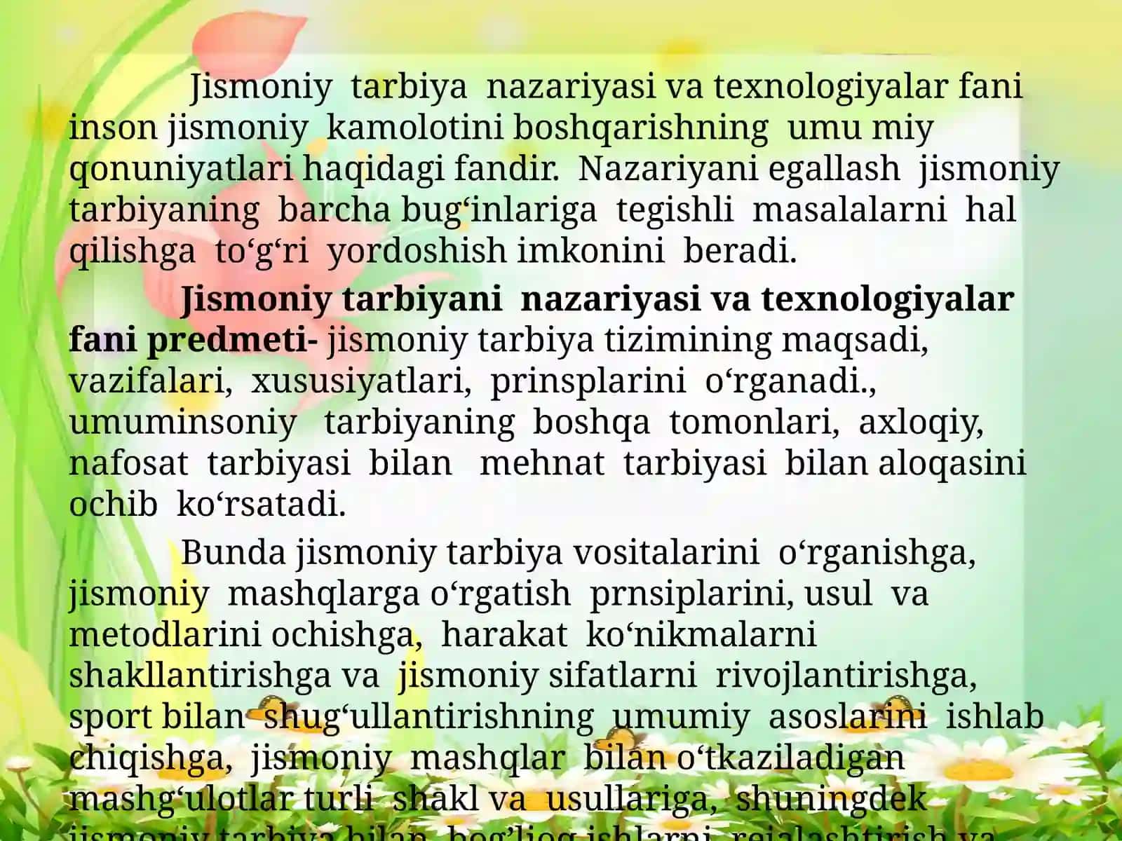 Bolalar jismoniy tarbiya nazariyasi va texiologiyalari fanining predmeti va asosiy tushunchalari 2