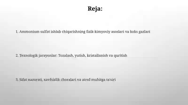Ammoniy sulfat ishlab chiqarishning fizik-kimyoviy asoslari va koks gazlari 2