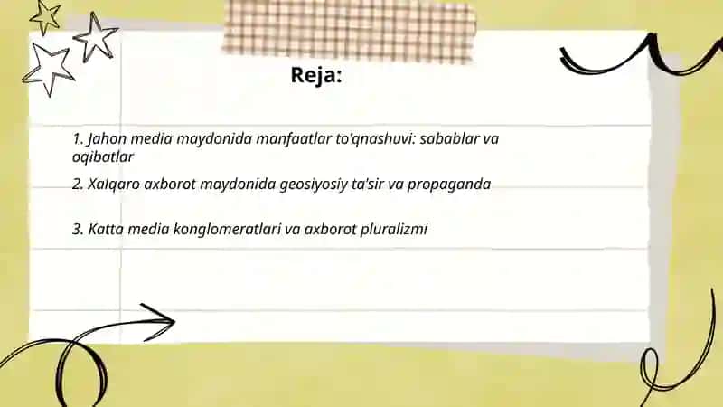Jahon media va axborot makoni maanfaatlar tõqnashuvi muammolar yechimi 2