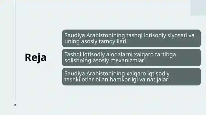 Saudiya Arabistoni ning tashqiiqtisodiy aloqalar nixalari to'g'risidagi solishtahlili 61-22 guruh talabasi Inomov Samandar 2