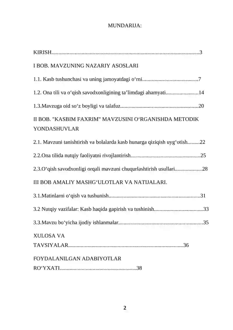 ONA TILI VA O‘QISH SAVODXONLIGI DARSLARIDA «KASBIM FAXRIM» MAVZUSINI OʻRGANISH 2