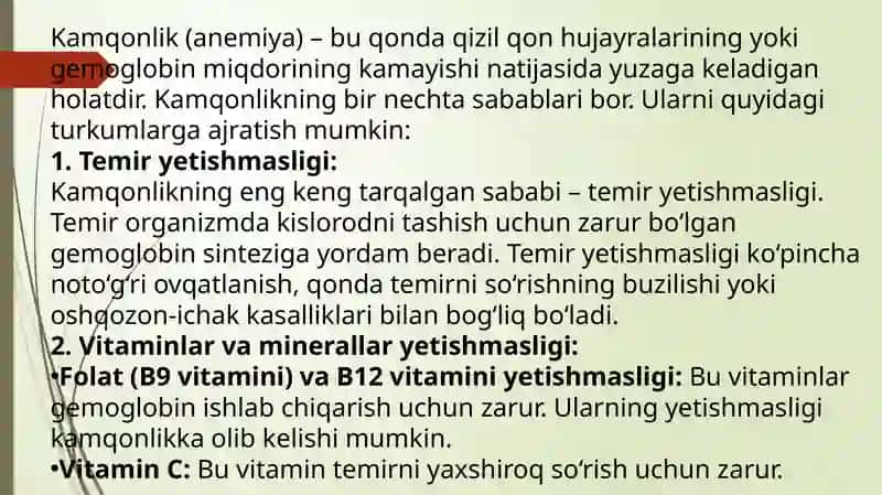 Kamqonlik turlari va sabablari kamqonliklar rivojlanishining biokimyoviy mexanizmlari 2