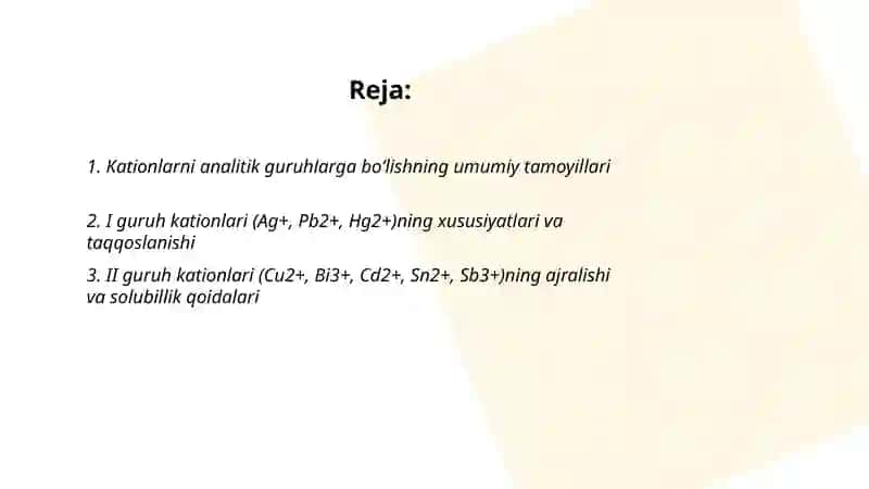 Kationlarning analitik guruhlar boʻyicha tasniflari va ularni taqqoslash 2