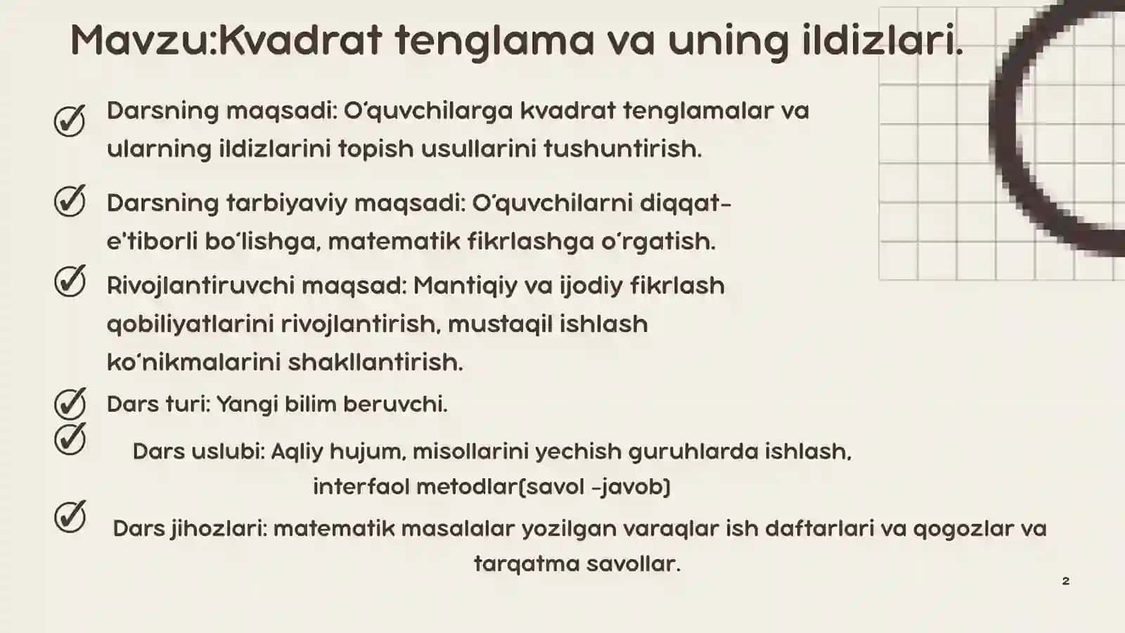Kvadrat tenglamalar va uning ildizlari (8-sinf,ochiq dars). 2