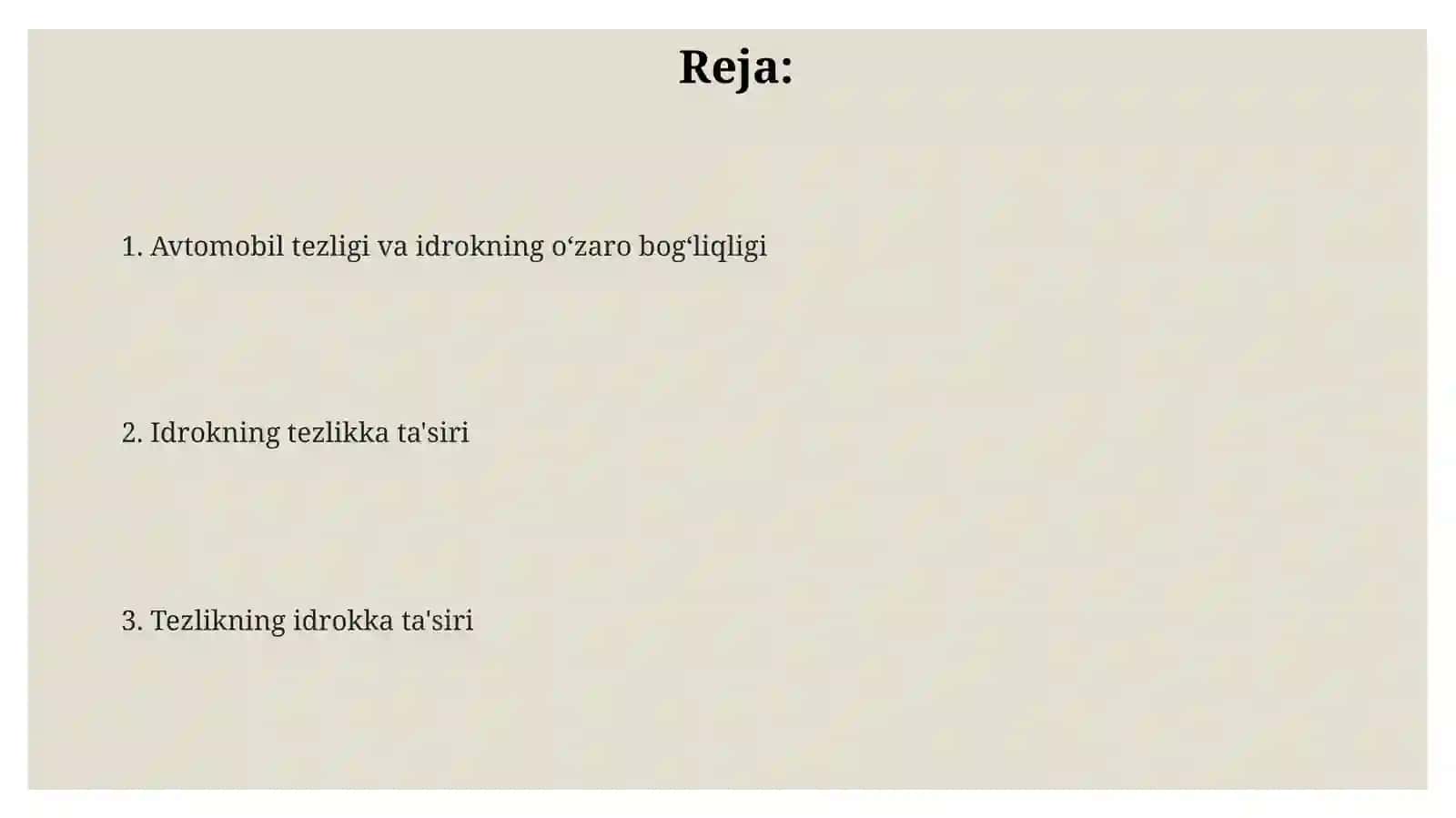 Avtomobil tezligi va idrokning oʻzaro bogʻliqligi 2