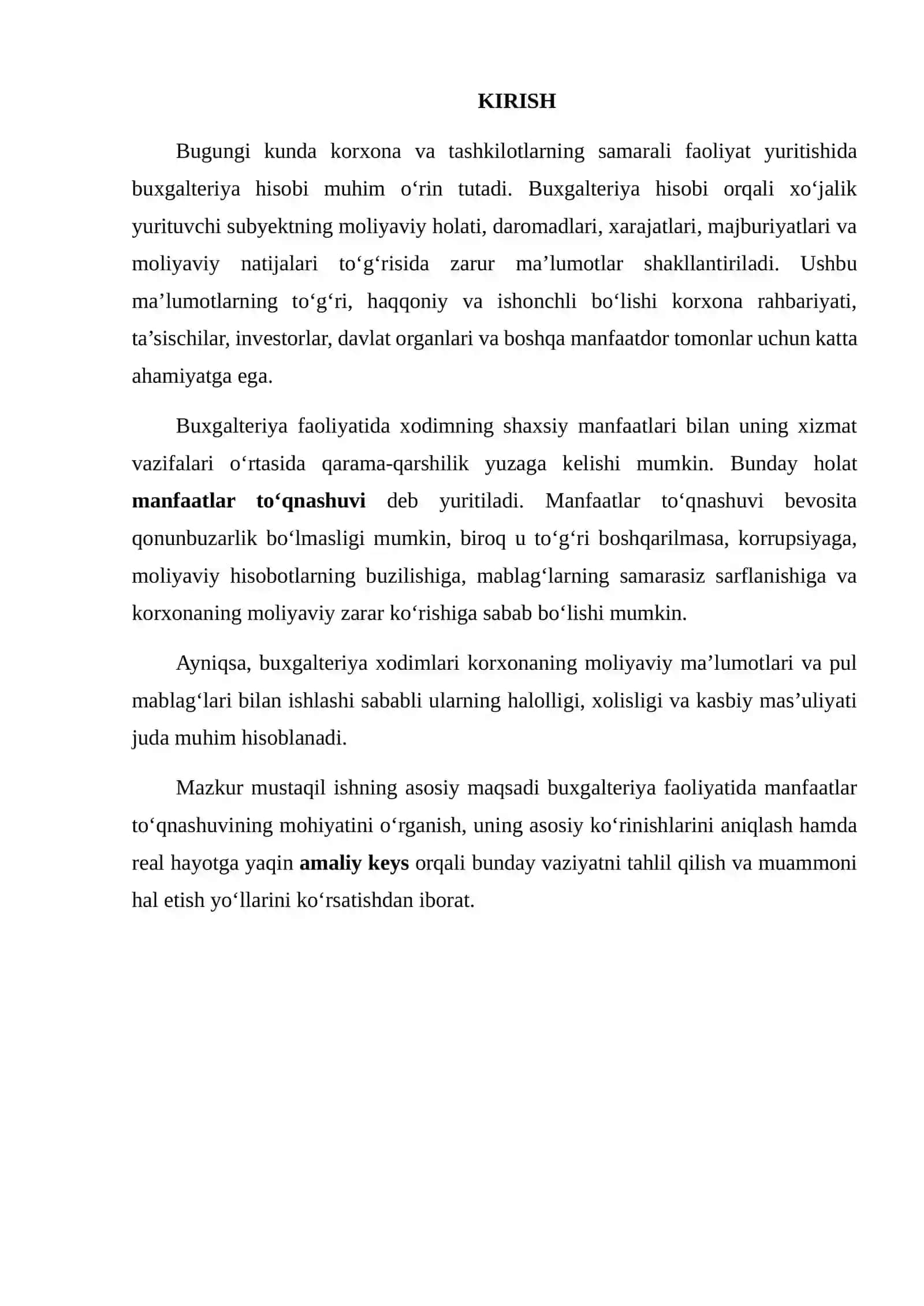 BUXGALTERIYA FAOLIYATIDA MANFAATLAR TO‘QNASHUVI BO‘YICHA KEYS ISHLAB CHIQISH 2