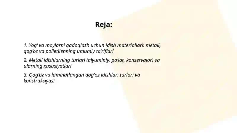 Yogʻ va moylarni metall va qogʻoz polietelin idishlarga qadoqlashga tayyorlash 2