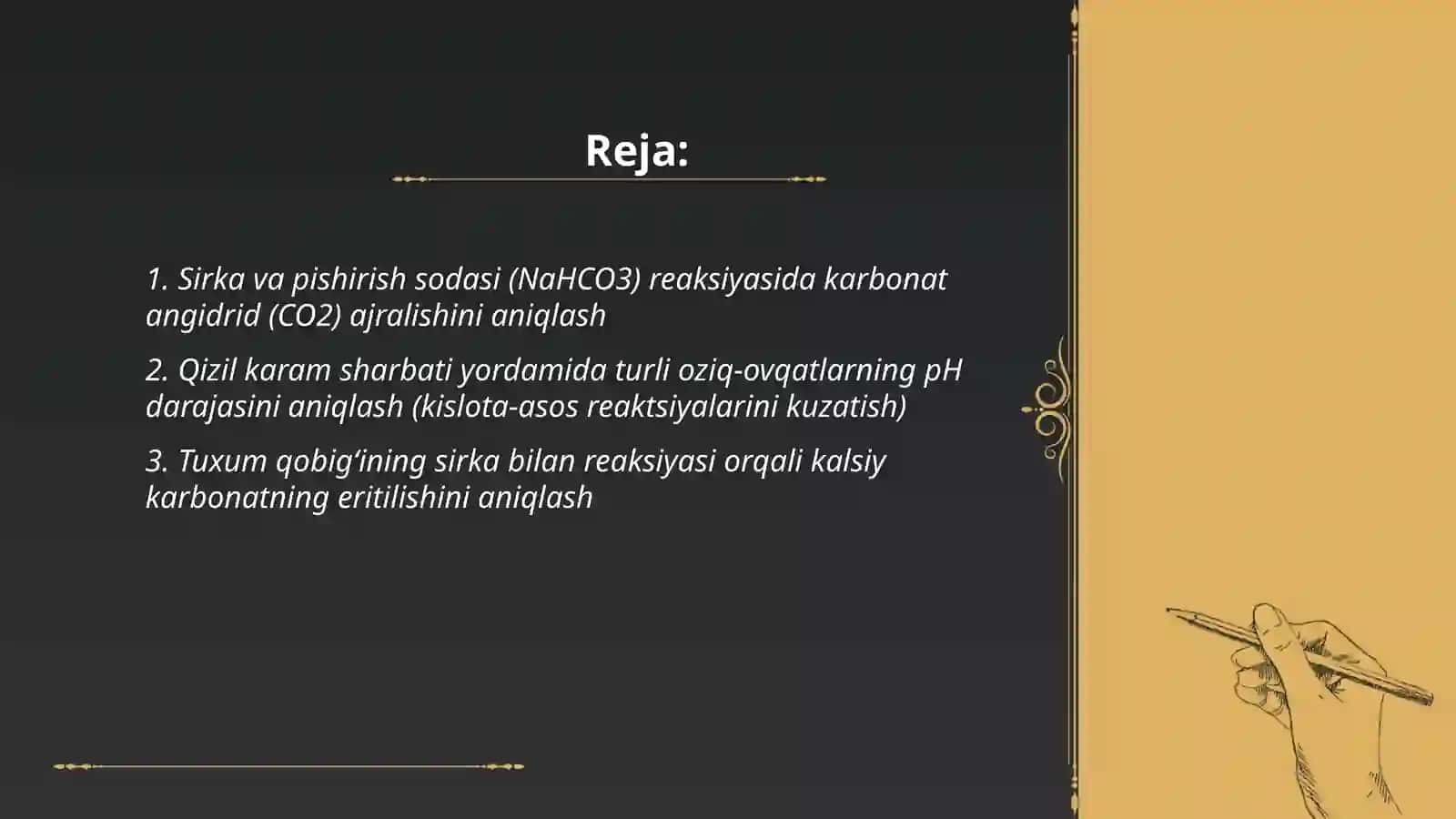 UY SHAROITIDA KIMYOVIY REAKSIYALARNI ANIQLASH 2