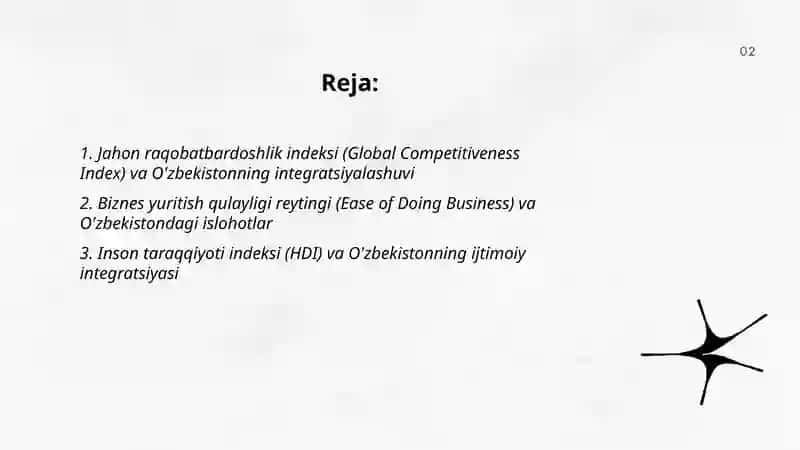 Iqtisodiy va ijtimoiy sohadagi ustuvor xarlaqaro reytinglar va ularga Òzbekistonnning integratsiyalashuvi 2