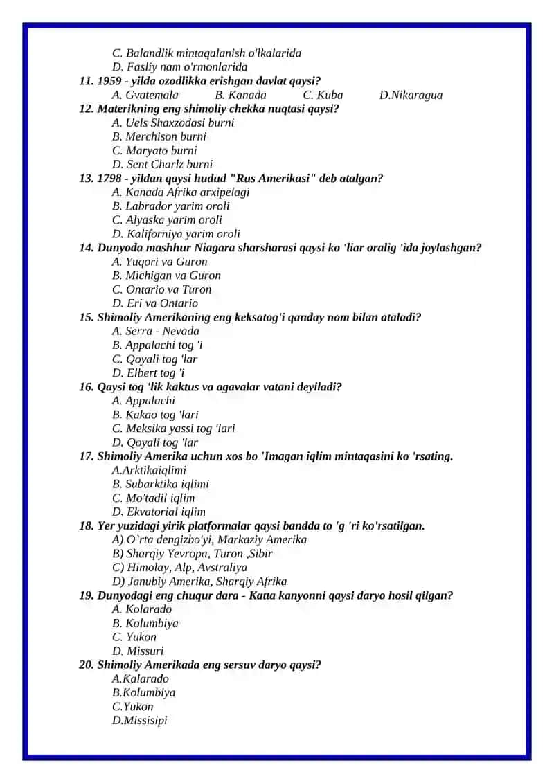 "Geografiya" fanidan TEST SAVOLLARI III - chorak, I - variant 2