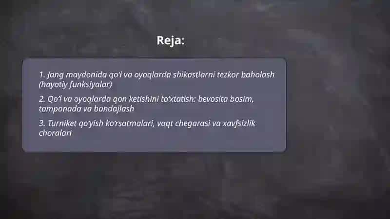 Qol va oyoqlarni jangovor shikastlarida tibbiy yordam korsatish 2
