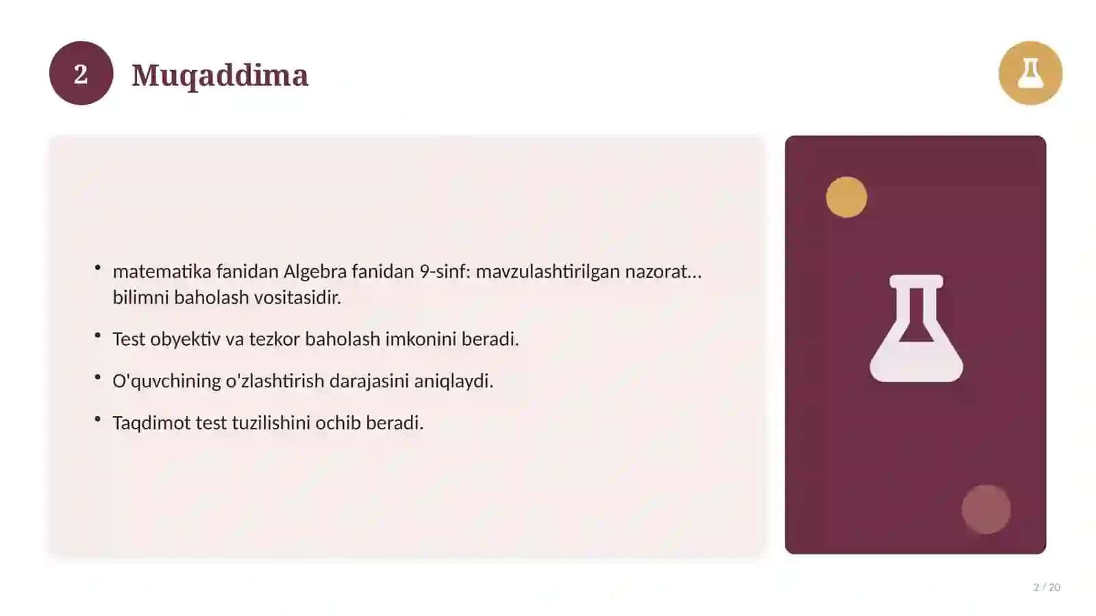Algebra fanidan 9-sinf: mavzulashtirilgan nazorat ishi 2