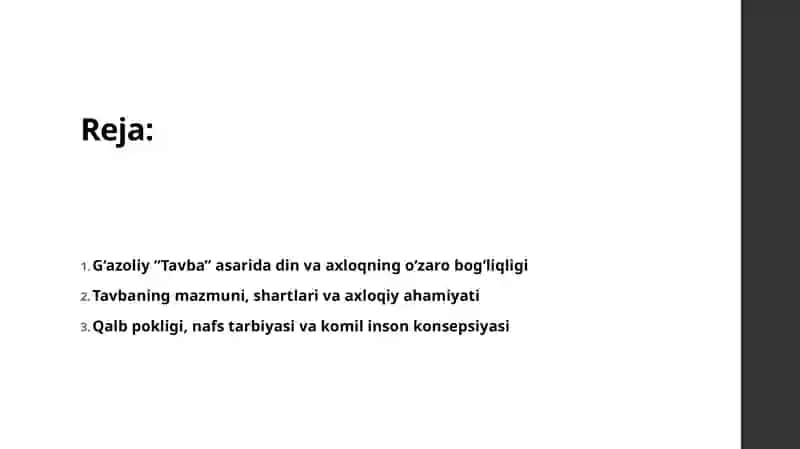G‘azoliy “Tavba” asari asosida “Din va axloq” 2