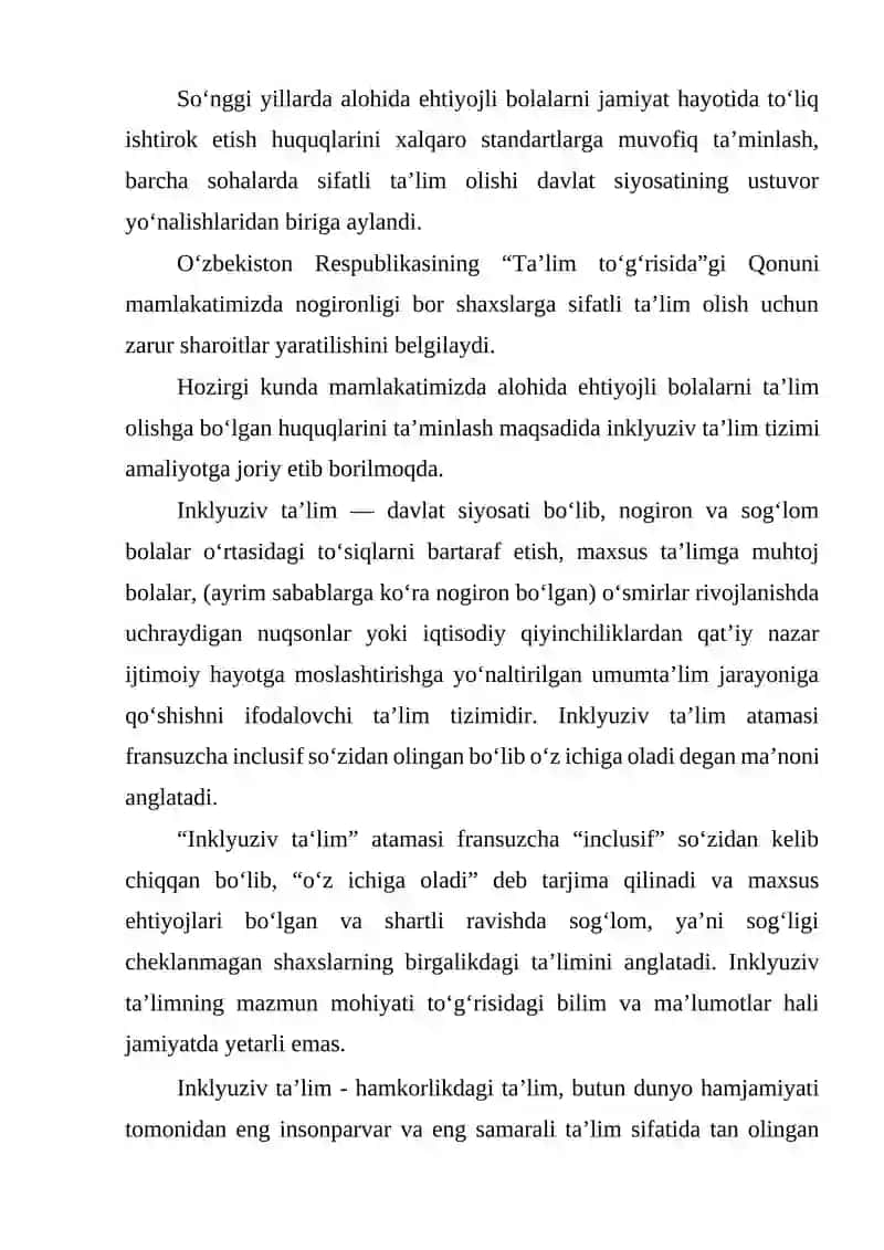 INKLUZIV TA'LIM. INKLUZIV TA'LIM SHAROITIDA TYUTORLIK AMALIYOTINI TASHKIL ETISH 2