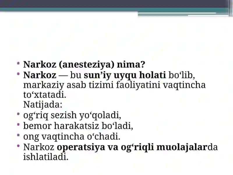 Narkoz uchun vositalar. Miometriy funksiyasiga ta’sir etuvchi vositalar. 2