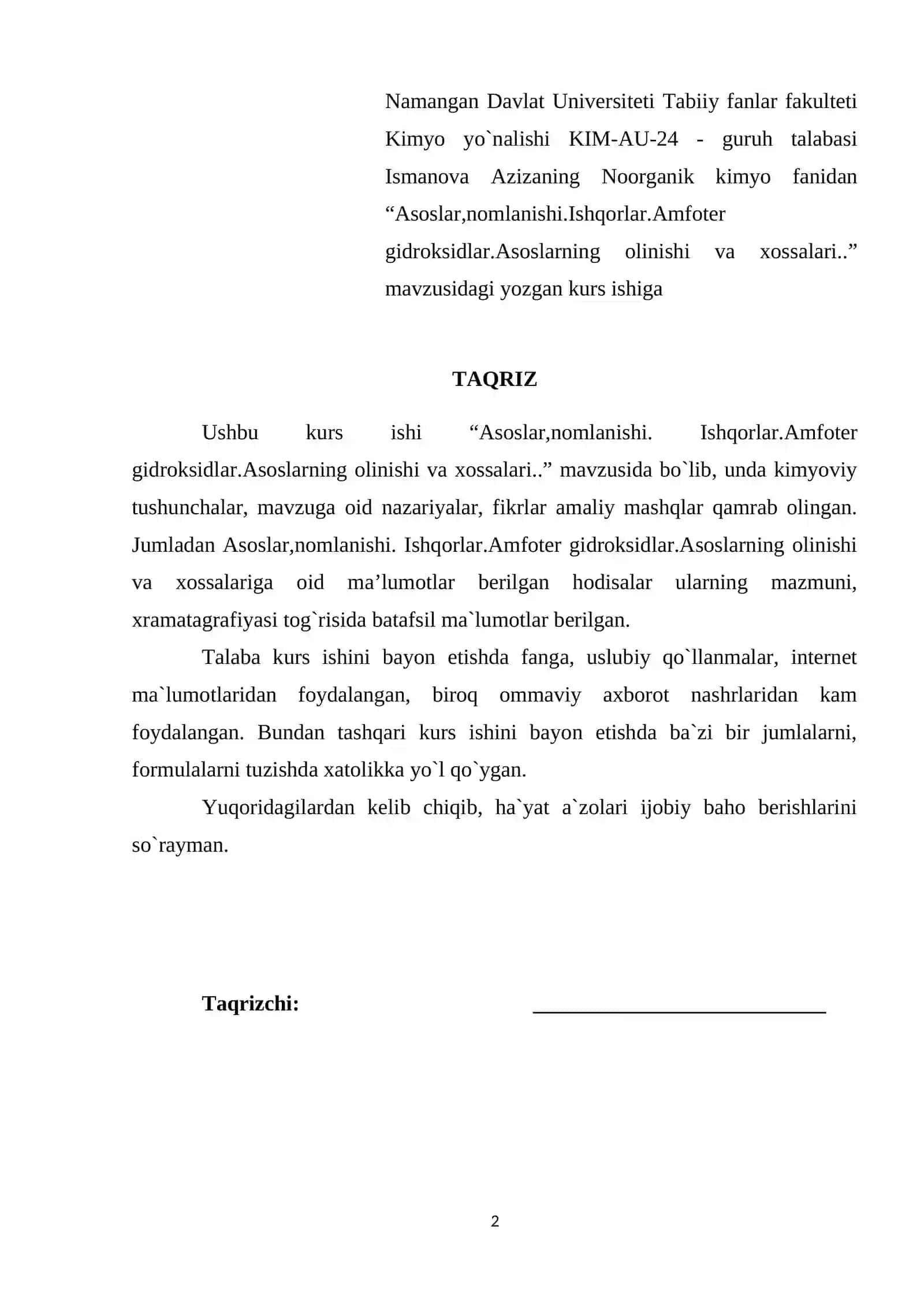 Asoslar,nomlanishi. Ishqorlar.Amfoter gidroksidlar.Asoslarning olinishi va xossalari 2