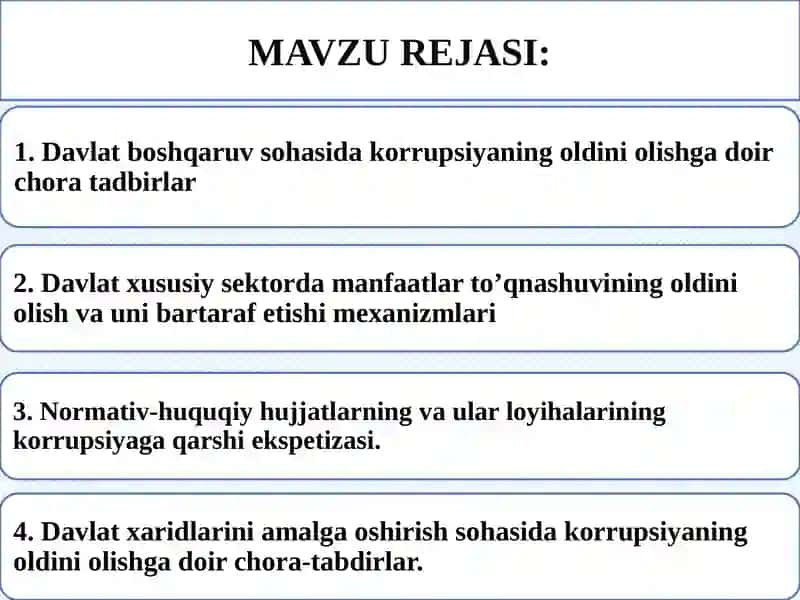 DAVALAT BOSHQARUVI VA XUSUSIY SEKTORDA KORRUPSIYA XAVF-HATARLARINI OLDINI OLISH 2
